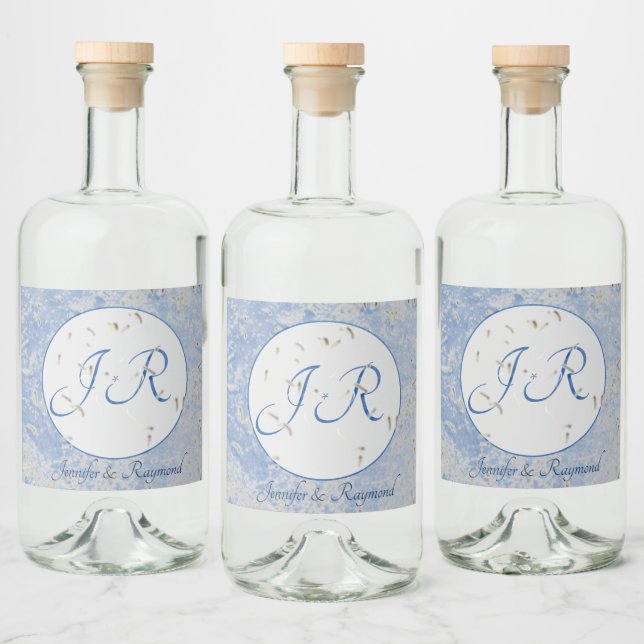 Étiquettes Pour Bouteilles De Liqueur Bleu et gris marbré avec Monogramme (Bouteilles)