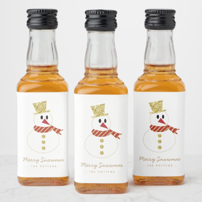 Étiquettes Pour Bouteilles De Liqueur Bonhomme de neige | Fun Christmas White & Gold (Bouteilles)