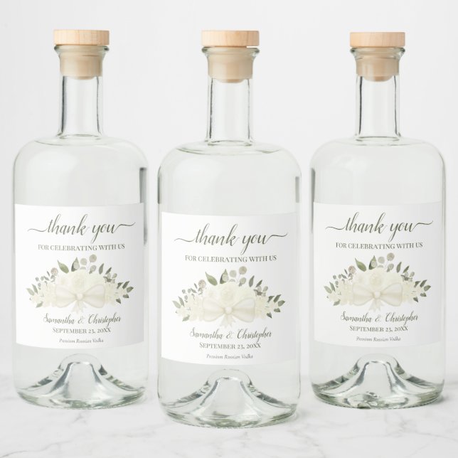 Étiquettes Pour Bouteilles De Liqueur Bouquet blanc ivoire Merci Mariage (Bouteilles)