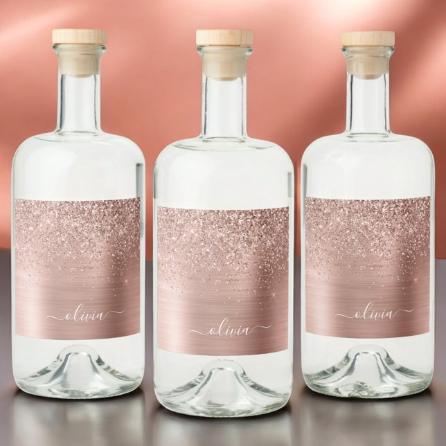 Étiquettes Pour Bouteilles De Liqueur Brushed metal rose Gold Pink Glitter Monogram (Créateur téléchargé)