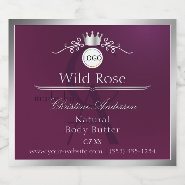 Étiquettes Pour Bouteilles De Liqueur Burgundy Product Label Silver Frame Logo Monogram (Étiquettes simples)
