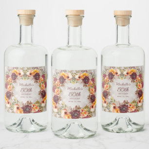 Étiquettes Pour Bouteilles De Liqueur Burgundy Rouille Orange Floral Femme 50e Anniversa