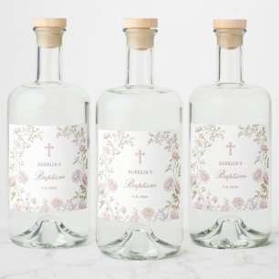 Étiquettes Pour Bouteilles De Liqueur Cadre floral rose Baptême