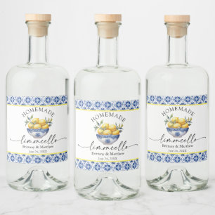 Étiquettes Pour Bouteilles De Liqueur Calligraphie Limoncello Carreaux Bleus Aquarelle C