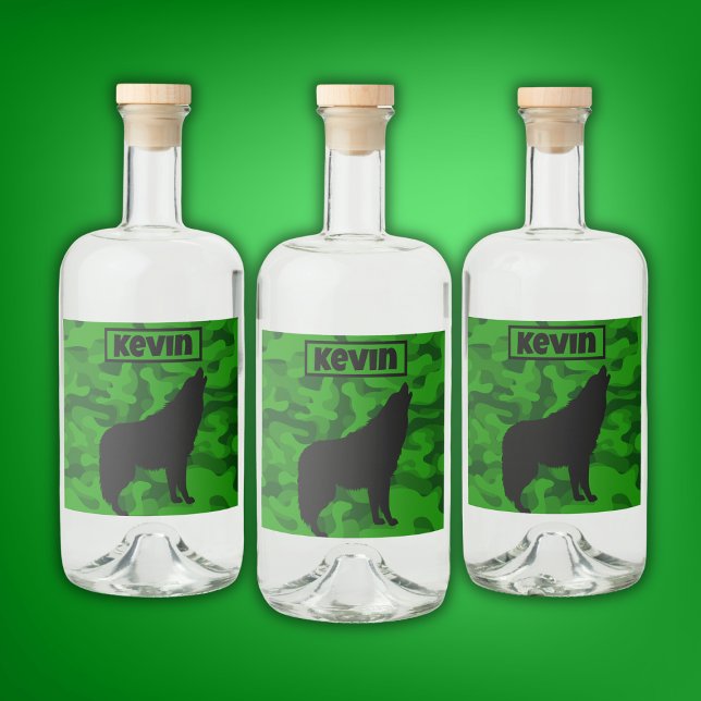 Étiquettes Pour Bouteilles De Liqueur Camo vert moderne noir Wolf Silhouette Monogramme  (Créateur téléchargé)