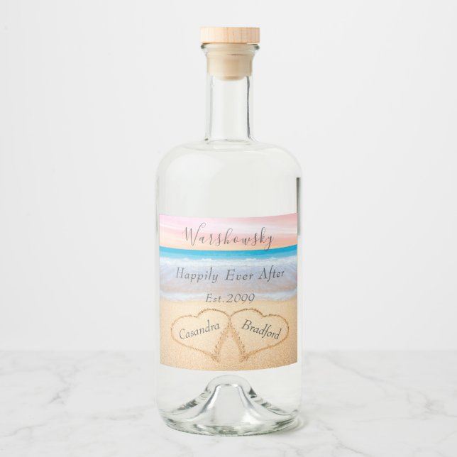 Étiquettes Pour Bouteilles De Liqueur Chic Blush Pink Beach Wedding 2 Heart Sand Liquor (Devant)