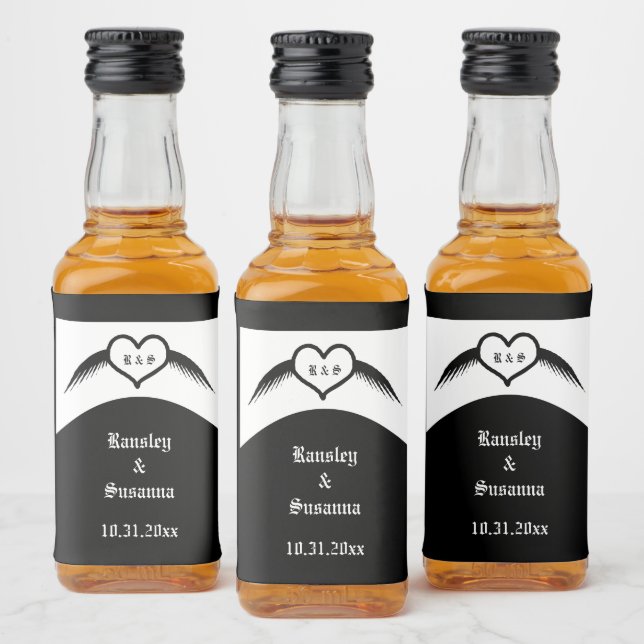 Étiquettes Pour Bouteilles De Liqueur Coeur ailé gothique Mariage Personnalisé Monogramm (Bouteilles)