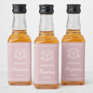 Étiquettes Pour Bouteilles De Liqueur Croix florale simple sur le baptême rose