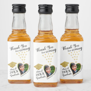 Étiquettes Pour Bouteilles De Liqueur Elégant Blanc Gold Black Merci 2024 Graduation