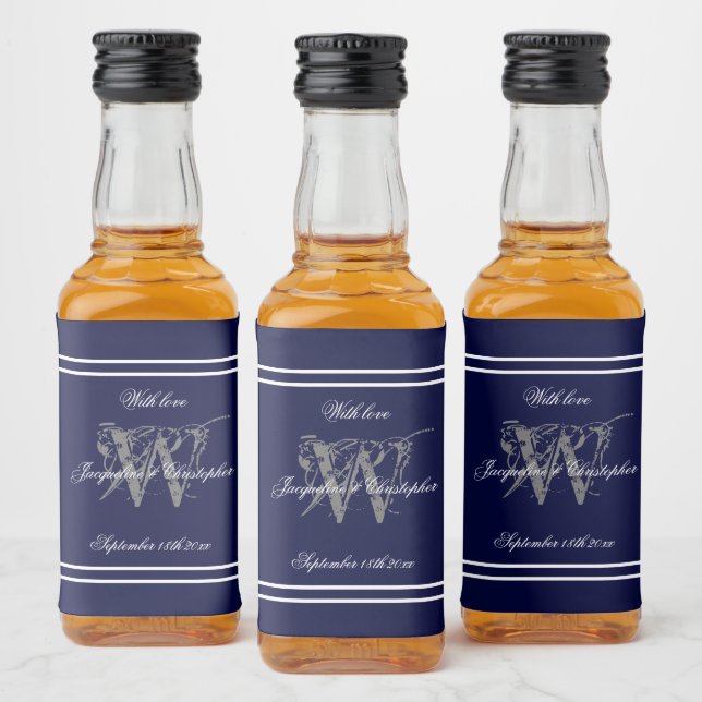 Étiquettes Pour Bouteilles De Liqueur Elégant bleu marine Monogramme Chic Mariage Mini (Bouteilles)