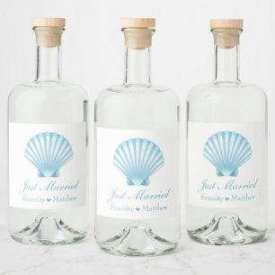 Étiquettes Pour Bouteilles De Liqueur Elégant Coquille Bleue Nautique Juste Marié Mariag