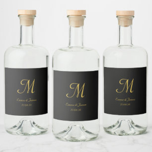 Étiquettes Pour Bouteilles De Liqueur Elégant Gold Black Script Monogramme Mariage Favor