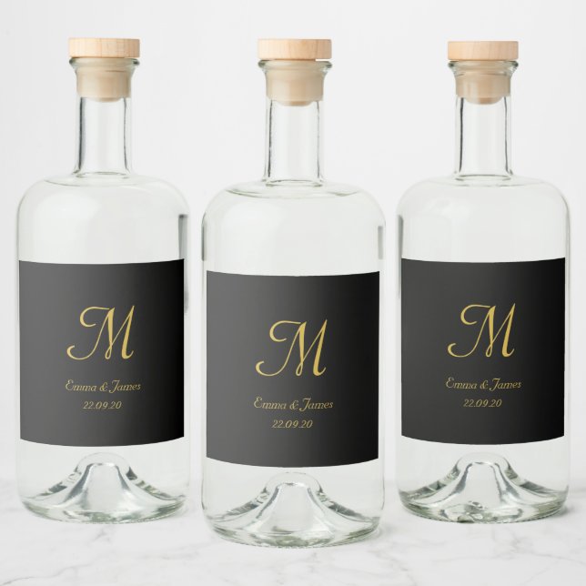 Étiquettes Pour Bouteilles De Liqueur Elégant Gold Black Script Monogramme Mariage Favor (Bouteilles)