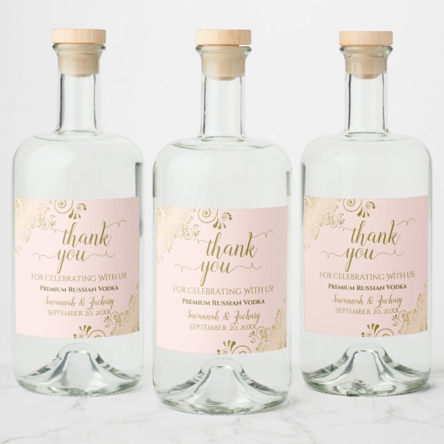 Étiquettes Pour Bouteilles De Liqueur Elégant Gold Frills Blush Mariage rose (Bouteilles)