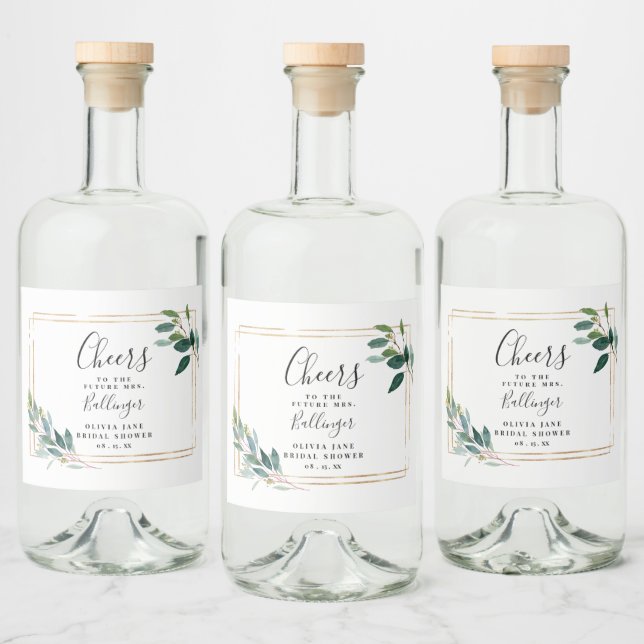 Étiquettes Pour Bouteilles De Liqueur Feuilles d'eucalyptus de verdure de cadre doré  (Bouteilles)