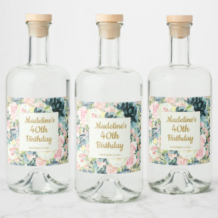 Étiquettes Pour Bouteilles De Liqueur Fleur rose sarcelle vintage 40e anniversaire adult