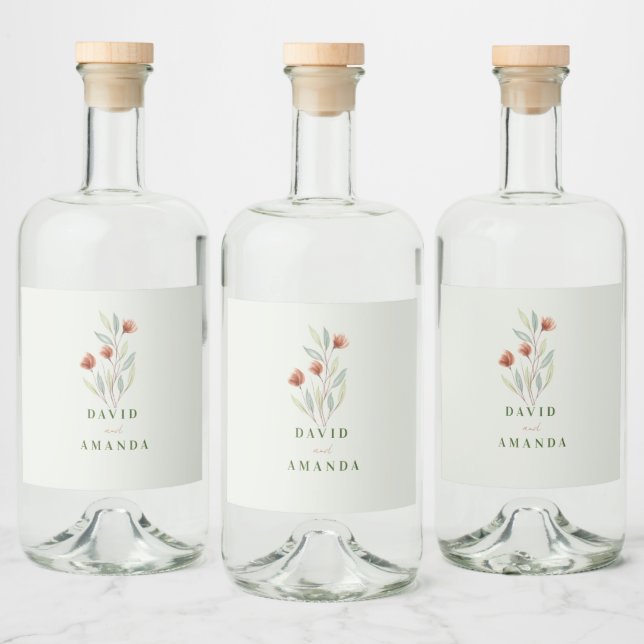 Étiquettes Pour Bouteilles De Liqueur Fleurs d'aquarelle vert pastel (Bouteilles)