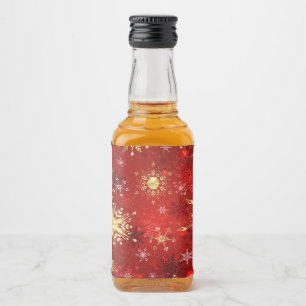 Étiquettes Pour Bouteilles De Liqueur Flocons de neige dorés de Noël sur fond rouge