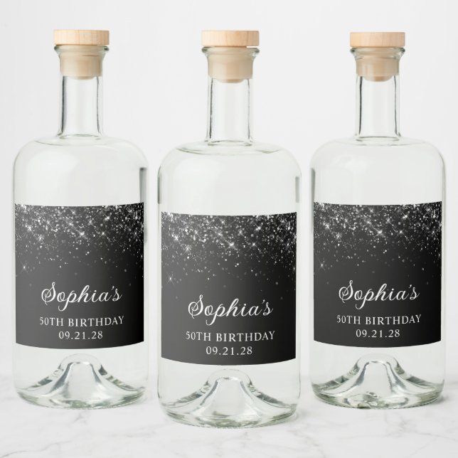 Étiquettes Pour Bouteilles De Liqueur Glittery Black 50e anniversaire (Bouteilles)