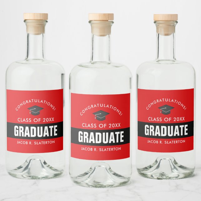 Étiquettes Pour Bouteilles De Liqueur Graduation noire et rouge personnalisée (Bouteilles)