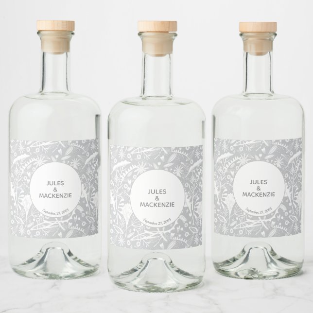 Étiquettes Pour Bouteilles De Liqueur Graphique moderne gris argenté floral (Bouteilles)