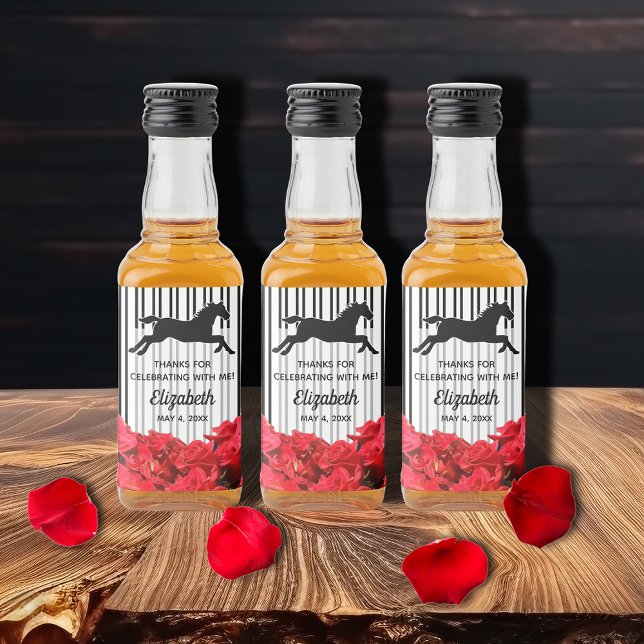 Étiquettes Pour Bouteilles De Liqueur Hippocampe et Rose noir blanc rayures Derby (Créateur téléchargé)