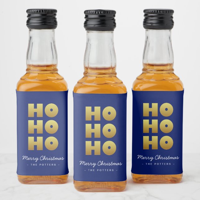 Étiquettes Pour Bouteilles De Liqueur Ho Ho Ho | Fun Christmas Blue & Gold (Bouteilles)