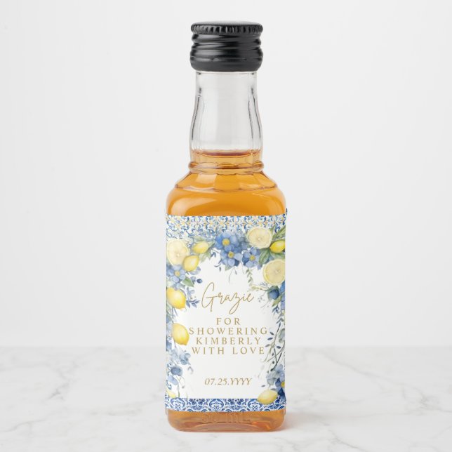 Étiquettes Pour Bouteilles De Liqueur Italie Citron Carreaux Bleus Grazie Fête des marié (Devant)