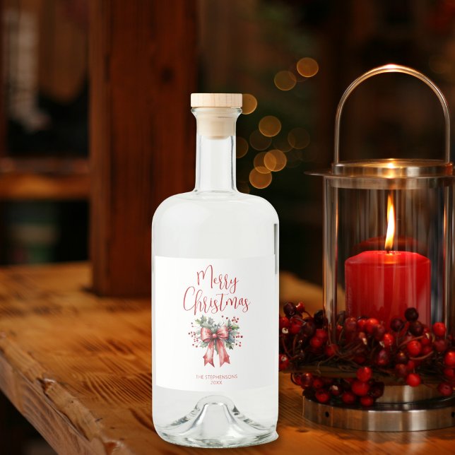 Étiquettes Pour Bouteilles De Liqueur Joyeux script de Noël Holly Bow (Créateur téléchargé)