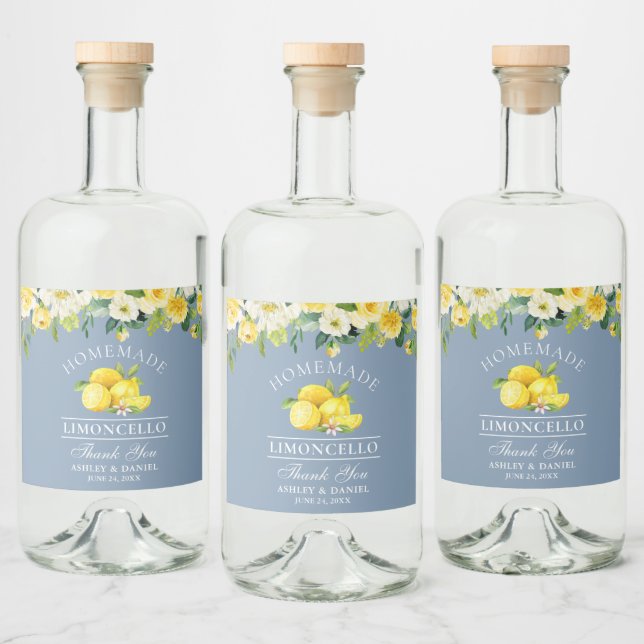 Étiquettes Pour Bouteilles De Liqueur Limoncello Aquarelle Floral Lemons Dusty Blue (Bouteilles)