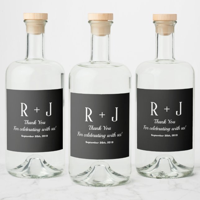 Étiquettes Pour Bouteilles De Liqueur Mariage de Merci noir et blanc Monogram (Bouteilles)
