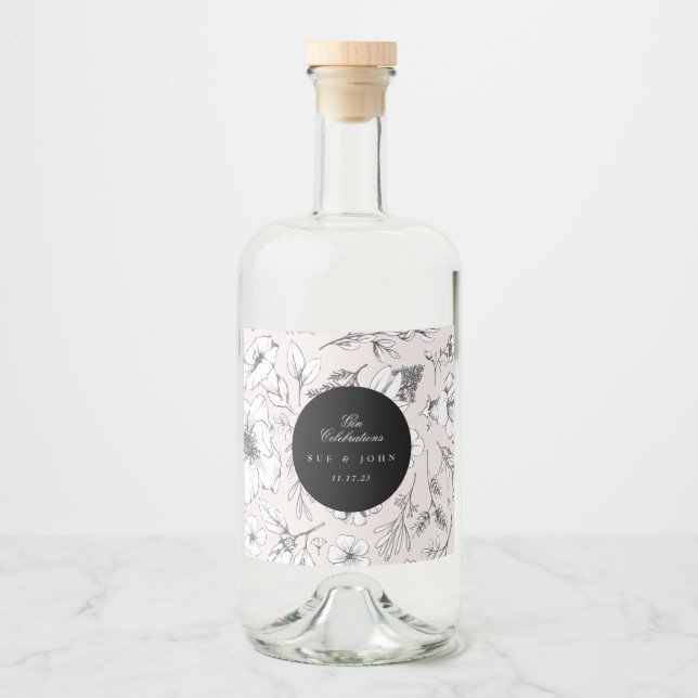 Étiquettes Pour Bouteilles De Liqueur Mariage Floral Monogrammé aux Traits de Belle Tein (Devant)