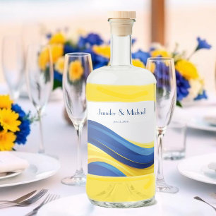 Étiquettes Pour Bouteilles De Liqueur Mariage Moderne Bleu Cobalt et Jaune Citron