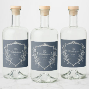 Étiquettes Pour Bouteilles De Liqueur Marine Bleu Monogramme Crest Classique Mariage élé
