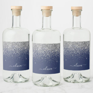 Étiquettes Pour Bouteilles De Liqueur Marine Blue Silver Parties scintillant Girl Monogr