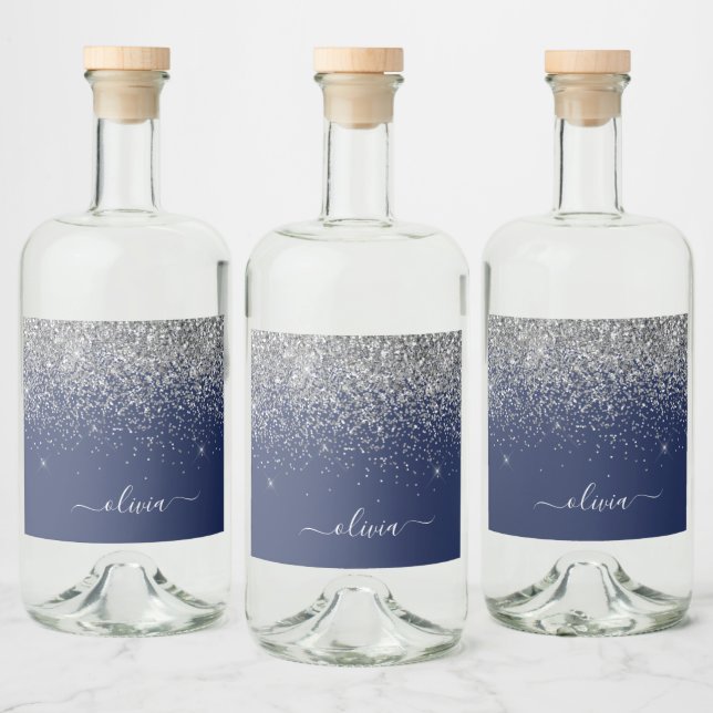 Étiquettes Pour Bouteilles De Liqueur Marine Blue Silver Parties scintillant Girl Monogr (Bouteilles)