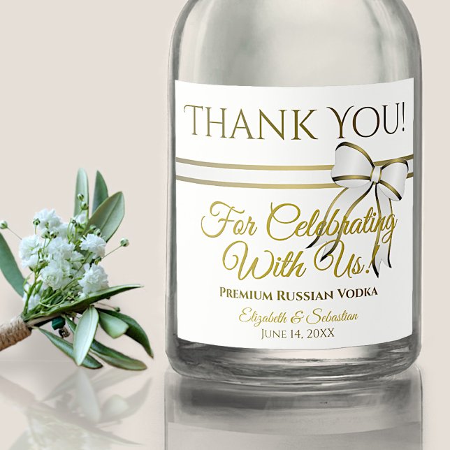 Étiquettes Pour Bouteilles De Liqueur Merci de Mariage de  de ruban blanc et or (Créateur téléchargé)