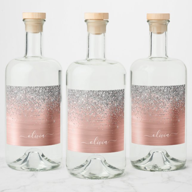 Étiquettes Pour Bouteilles De Liqueur Monogramme de Parties scintillant d'argent en méta (Bouteilles)