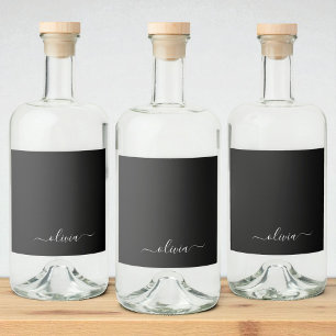 Étiquettes Pour Bouteilles De Liqueur Noir Blanc Moderne Minimaliste Élégant Monogramme