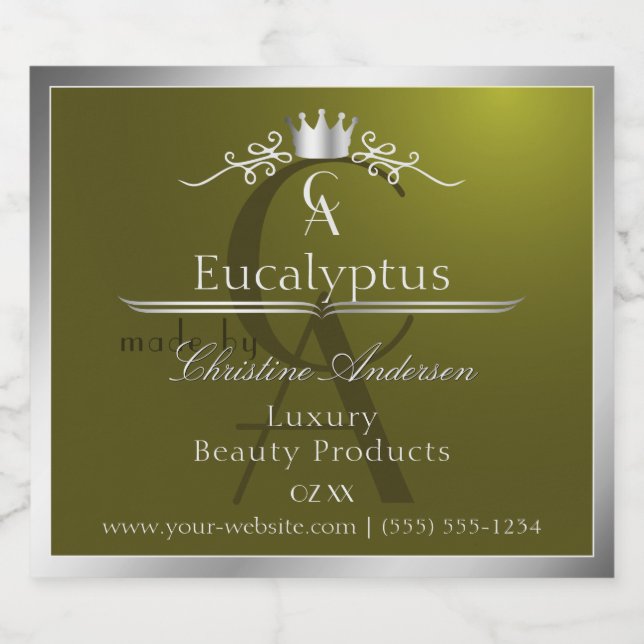 Étiquettes Pour Bouteilles De Liqueur Olive Green Product Label Silver Frame Monogram (Étiquettes simples)