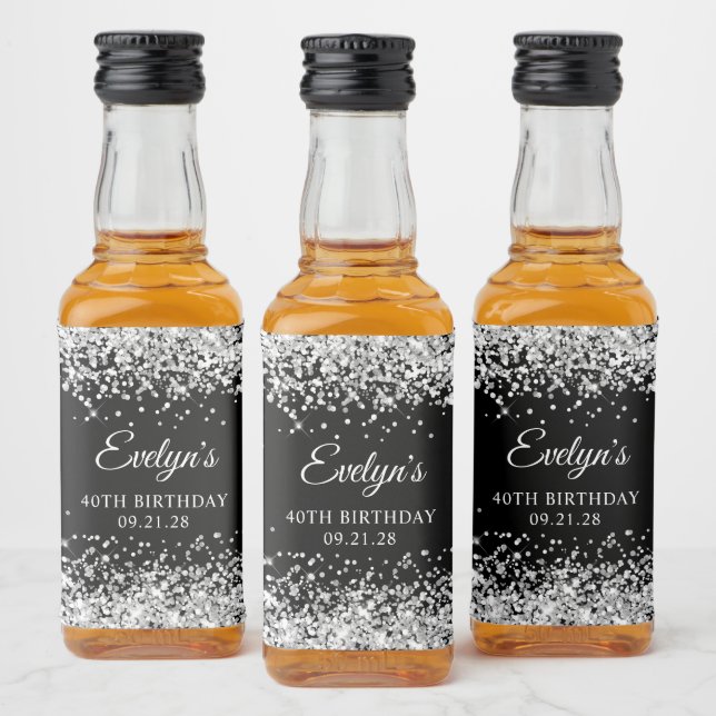 Étiquettes Pour Bouteilles De Liqueur Parties scintillant d'argent Noir 40e anniversaire (Bouteilles)
