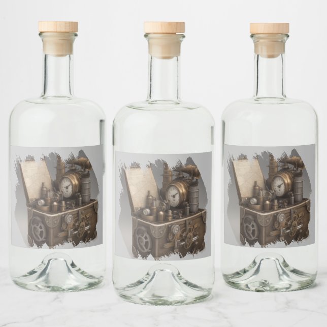 Étiquettes Pour Bouteilles De Liqueur Poitrine au trésor avec engrenages (Bouteilles)