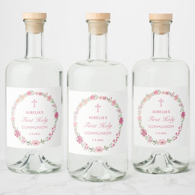 Étiquettes Pour Bouteilles De Liqueur Première communion de germe rose (Bouteilles)