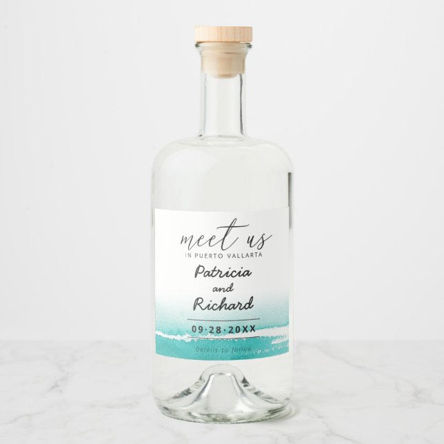 Étiquettes Pour Bouteilles De Liqueur Rencontrez-Nous Dans Mariage Destination Turquoise (Devant)