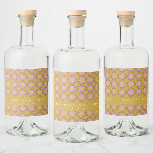 Étiquettes Pour Bouteilles De Liqueur Retro Cute Mod Floral Jaune Fête des mariées perso (Bouteilles)