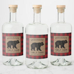 Étiquettes Pour Bouteilles De Liqueur Rustic Bear Famille Cabine Red Plaid Burlap Étiqu