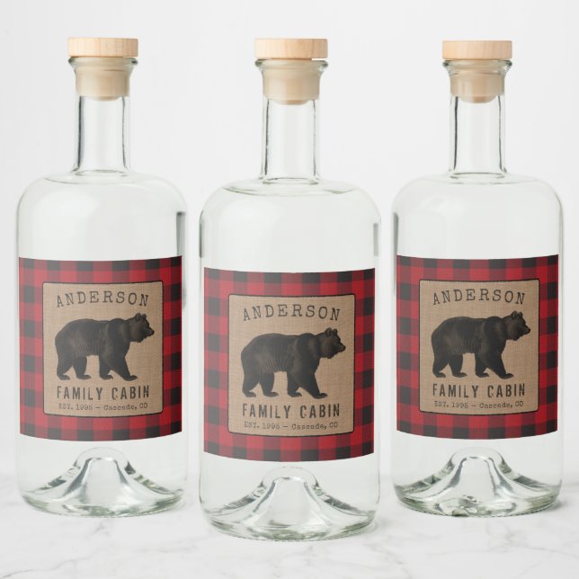 Étiquettes Pour Bouteilles De Liqueur Rustic Bear Famille Cabine Red Plaid Burlap Étique (Bouteilles)