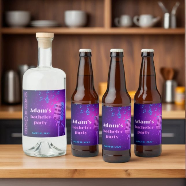 Étiquettes Pour Bouteilles De Liqueur Soirée Karaoke néon personnalisée enterrement de v (Créateur téléchargé)