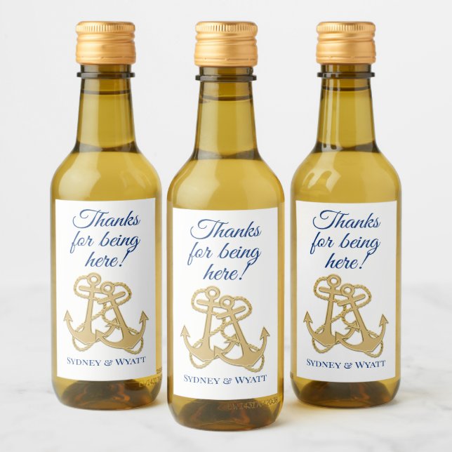 Étiquettes Pour Bouteilles De Vin Ancres d'or Mariage nautique Mini bouteille (Bouteilles)