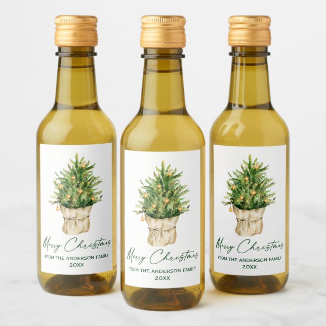 Étiquettes Pour Bouteilles De Vin Aquarelle Arbre de Noël Calligraphie Encre Mini (Bouteilles)